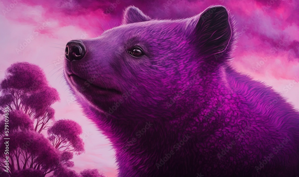 Poster a painting of a purple bear looking up into the sky with trees in the background and clouds in the s