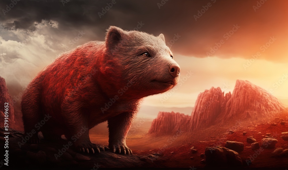 Poster a painting of a bear standing on a rock in a desert with mountains in the background and clouds in t