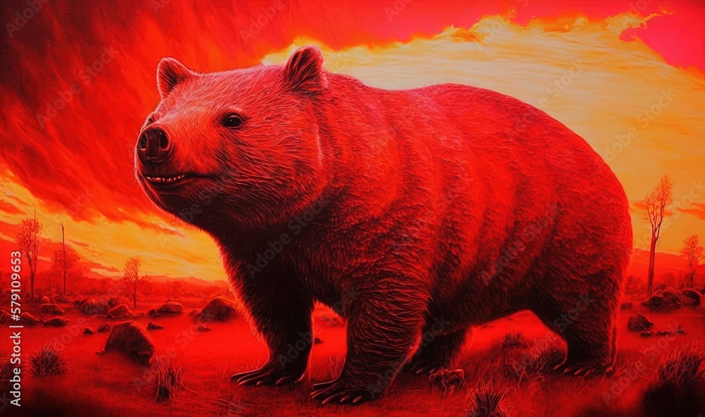 Poster a painting of a brown bear standing in a red field with a red sky in the background and a red sky in