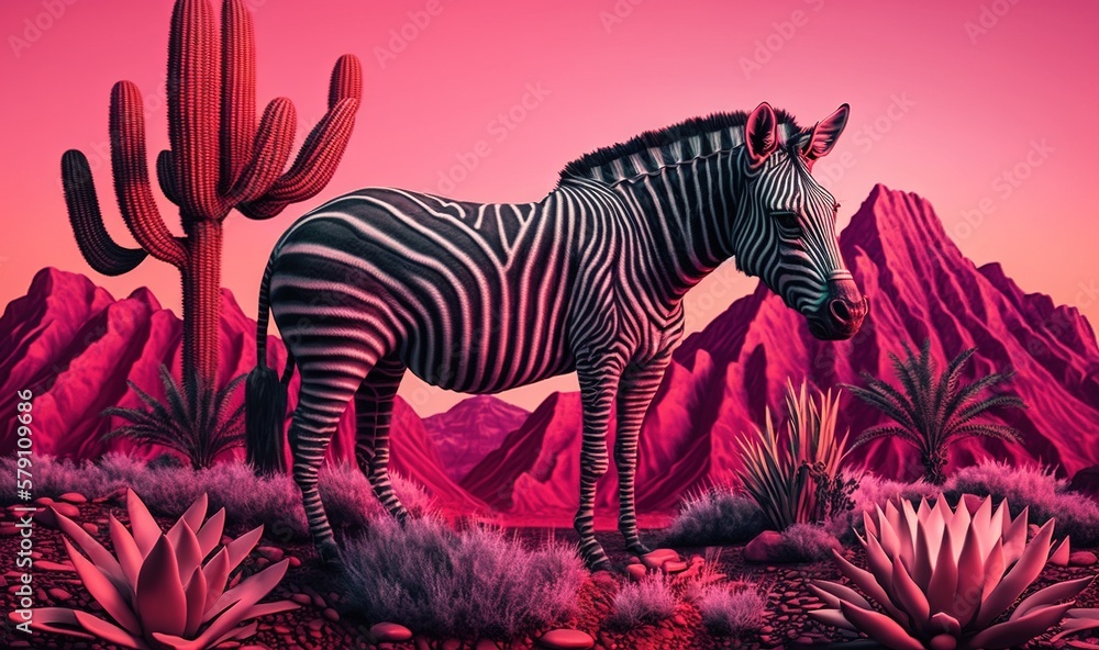 Poster a zebra standing in a desert with a cactus and mountains in the backgroup of the picture in the back