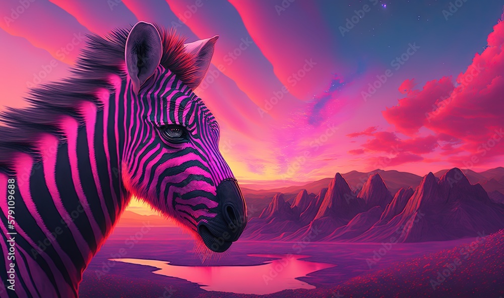 Aufkleber a painting of a zebra standing in front of a mountain range with a lake in the foreground and a suns