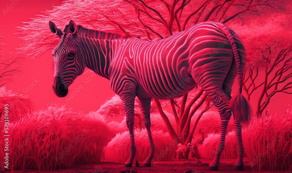 Aufkleber a painting of a zebra standing in a field of grass and trees with a red sky in the background and a 