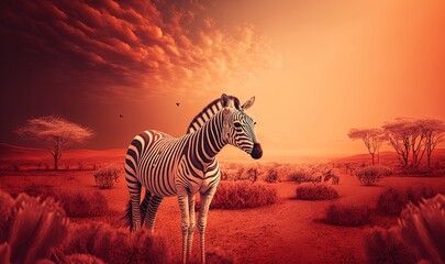 Fototapeta na wymiar a painting of a zebra standing in a field of grass and bushes with a sunset in the background and birds in the sky above it. generative ai