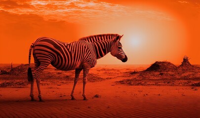 Fototapeta na wymiar a zebra standing in the middle of a desert with the sun setting in the background and a red sky with clouds and a few clouds. generative ai
