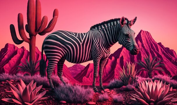  a zebra standing in a desert with a cactus and mountains in the backgroup of the picture in the background is a pink sky.  generative ai