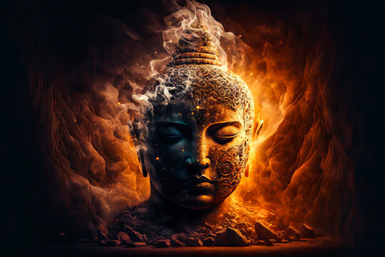 Buddha portrait & face statue on a dreamy, zen backdrop of flames - symbolizing Buddha's power & evoking emotion and imagery. Generative AI