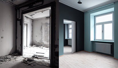 illustration of the inside of a house before and after renovation - obrazy, fototapety, plakaty