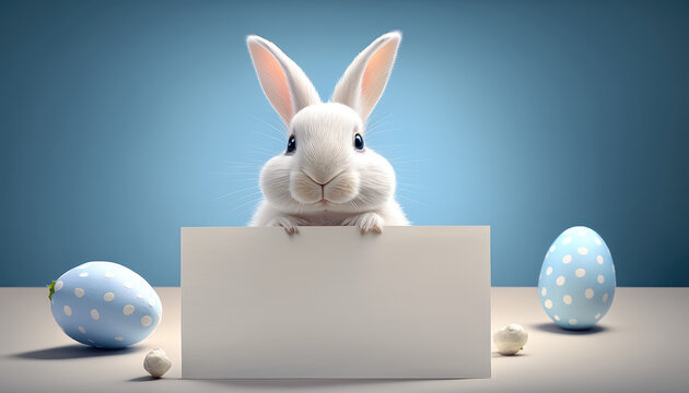 Ein s&uuml;&szlig;er Osterhase schaut hinter einem wei&szlig;en blatt Papier hervor, um Ihn herum Ostereier (Generative AI)