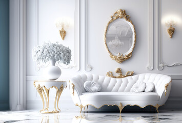 An interior of a white room with a white and gold couch with a white and gold table next to it with a white flowers on it and a gold mirror behind it. Created with Generative AI.