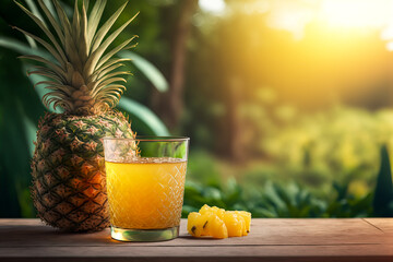 An image featuring a glass of refreshing pineapple juice and a whole pineapple beside it on an exotic garden background; suitable for banner ads of drinks made with the fruit. Generative AI