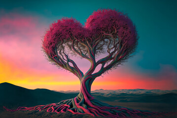 A pink heart-shaped tree with pink leaves against a pink sunset background. Created with Generative AI.