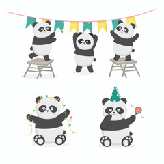 Naklejka premium Panda birthday party preparation together with flag and light.