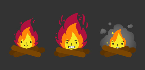 The illustration features a cartoonish fire with an expressive face portraying anger . The flames are depicted in shades of red, orange, and yellow, with thick black smoke rising from the fire. Vector