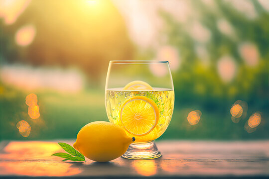 A refreshing glass of lemon juice in the middle of a beautiful summer garden. A fresh and picturesque scene, ideal for illustrating print or web images. Generative AI