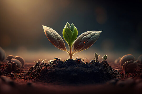 Developing plant, Young plant with a ground backdrop and dawn light, New life idea. Springtime sees little plants on the ground. fresh, seed, image with a modern agricultural theme. Generative AI