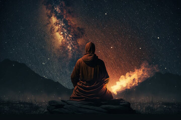 buddhist monk meditates on the background of the starry sky, created by a neural network, Generative AI technology - obrazy, fototapety, plakaty