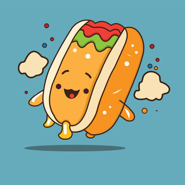 Kawaii Fastfood Cartoon Hotdog Vector illustration.Smiling Hotdog Cartoon Character.Kawaii Fastfood vector.