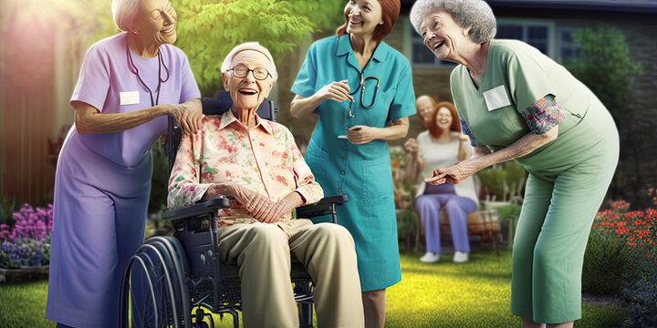 Happy elderly people with nurses in the garden - Generative AI