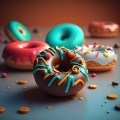 sweet and beautiful doughnuts on a colored background. generative AI