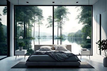Illustration of a modern minimalist Scandinavian-style light bedroom in an apartment located in a country, with a serene view of a lake on the outside