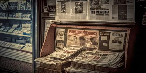 Newspaper stand with various newspapers on display - Generative AI