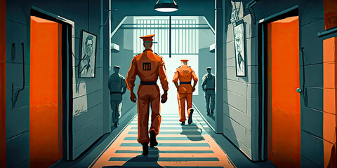 A prison guard arresting an inmate as they walk through a jail corridor - Generative AI - obrazy, fototapety, plakaty