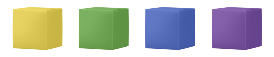 Blank cardboard package boxes mockup. Box set. Yellow, green, blue and purple Korean packaging for food or cosmetics