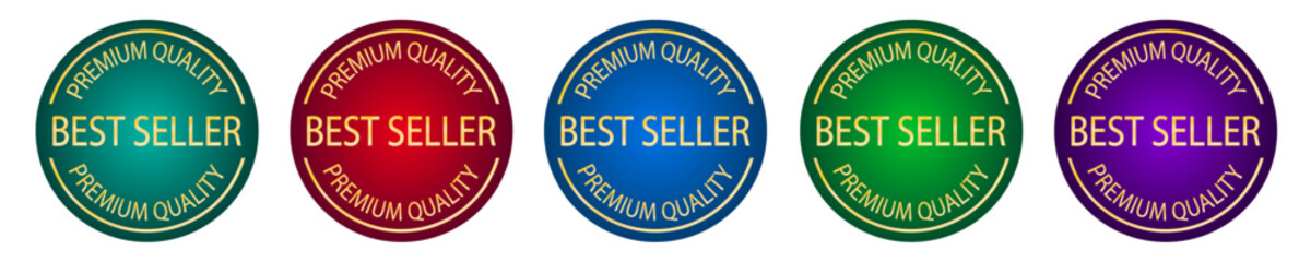 Best seller stamp. Set of round logos. Product quality label. Bestseller print. Top seller. Red, blue and green icons.