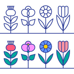 Set of linear geometric abstract flowers vector illustration