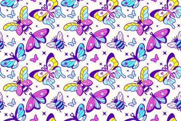 Colorful wallpaper, spring seamless background with butterflies, insects. Fun seamless pattern. Groovy baby colored backdrop.