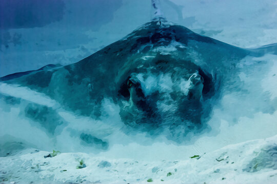 Digitally created watercolor painting of a common stingray swimming searching for food in the sand