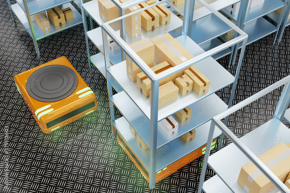 Poster autonomous mobile robot. warehouse technology. amr near warehouse shelves. autonomous mobile robot s