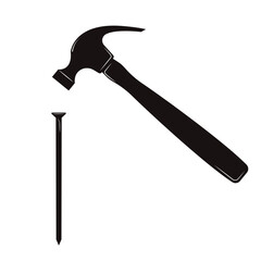 Tools nail and hammer. Black silhouette with a white line.