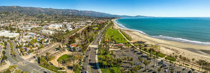 Santa Barbara Aerial Panorama. Scenic shot of Pier and beach