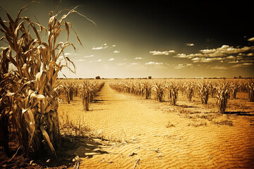 drought in the cornfield, created by a neural network, Generative AI technology - obrazy, fototapety, plakaty