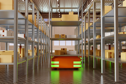 Retrieval machines is going in warehouse. Automatic warehouse cart. Enforcement in storage industry. Warehouse hangar with robot-cart. Storage machines. Agv, amr, robotization. 3d image