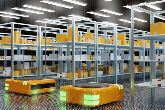 Agv robots. Modernized warehouse. Automated guided vehicles. Agv cart near shelves. Steel with boxes in warehouse. Automated guided vehicles for fulfillment process. Warehouse without people. 3d image