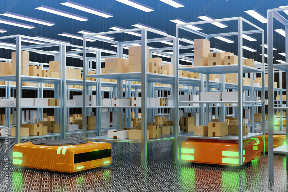 Poster robotized courier warehouse. autonomous mobile robots. modern robots for warehouse. orange robots pi