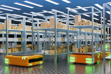Robotized courier warehouse. Autonomous mobile robots. Modern robots for warehouse. Orange robots pick up shelves from below. Robot for delivery service. Amr in warehouse building. 3d image