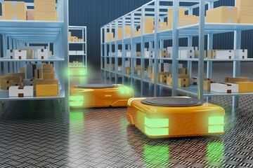 The interior of robotic warehouse. Modern distribution center. Automated guided vehicles. Agv among shelves with boxes. Automated guined vehicles technology. Warehouse room with agv robots. 3d image