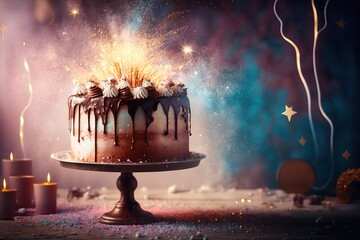Birthday pink cake poured with chocolate on a stand, decorated with sweets, fireworks candles, stars on a dark background. Generative AI	