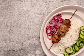 Blank food photography of grilled meat, kebab, bbq, roasted, pork, lamb, marinade, onion, rice, salad, cucumber
