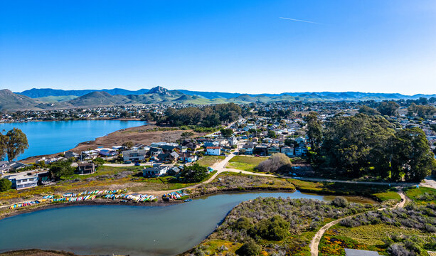 Morro Bay Aerial Panorama. Californan pacific coast. Beautiful scenic shot of the bay