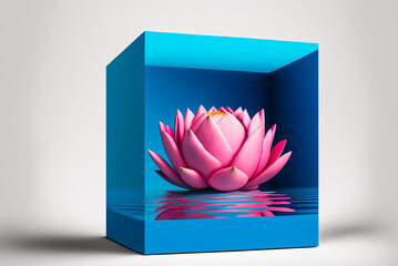 Zen minimalistic 3D logo featuring a pink lotus encased in a blue geometric cube. Perfect for beauty, massage or relaxation companies. Generative AI
