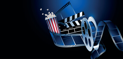 Fototapeta proiezione film, cinema, pellicola, spettacolo, film con pop corn su sfondo blu obraz
