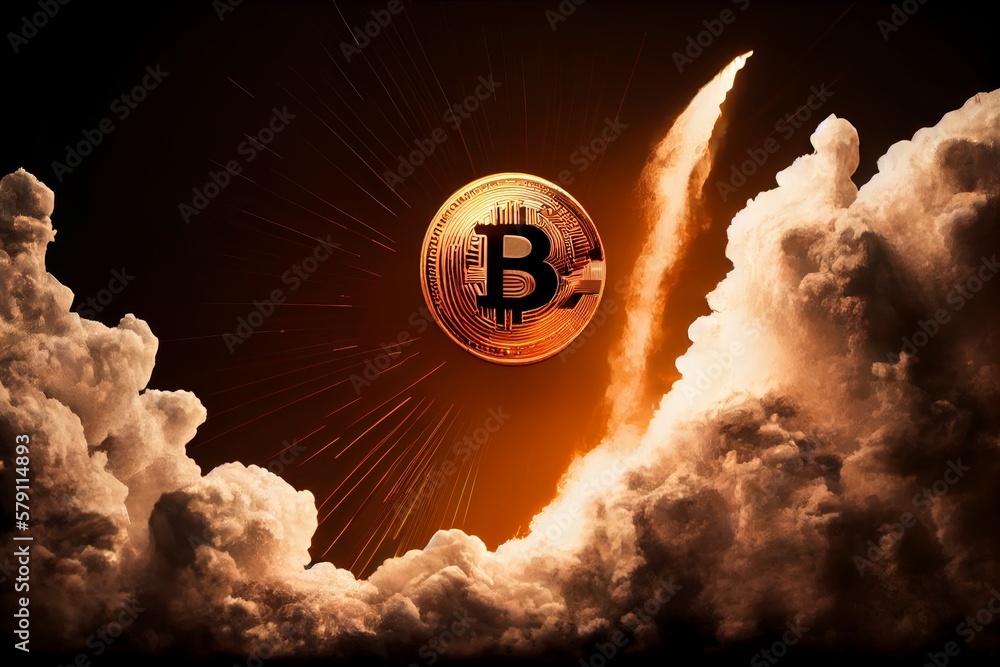Aufkleber bitcoin on the background of a rocket. cryptocurrency concept. generative ai