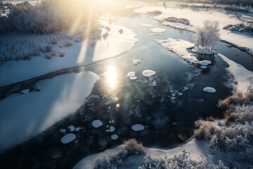 A_great_frozen_winter_landscape_seen_from_above. Generative ai.