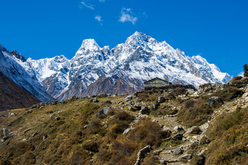 Fototapeta na wymiar High Altitudes of Manaslu Circuit Trek With Snowy Peaks and Valleys in the Himalayas of Nepal