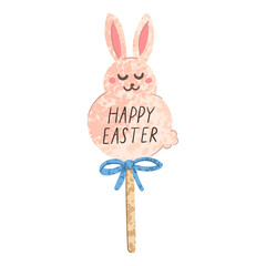 Vector Colorful Illustration of Bunny and Hand Drawn Lettering Happy Easter Isolated on White Background