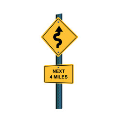 Winding road and next four miles signs. yellow board sign road sign transportation sign